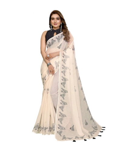 Generic Women's Linen Cotton Printed Saree With Unstitched Blouse 5.5Mtr (Off White)