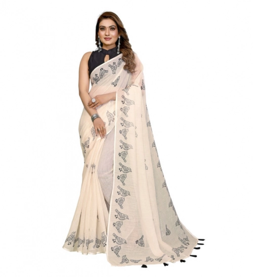 Generic Women's Linen Cotton Printed Saree With Unstitched Blouse 5.5Mtr (Off White) Generic Women's Linen Cotton Printed Saree With Unstitched Blouse 5.5Mtr (Off White)