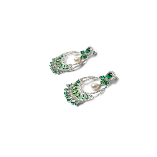 Generic Women's Brass Silver Plated Chandbali Earrings (Green) Generic Women's Brass Silver Plated Chandbali Earrings (Green)