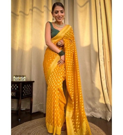 Generic Women's Soft Litchi Silk Jacquard Work Saree With Unstitched Blouse 5.5Mtr (Yellow)
