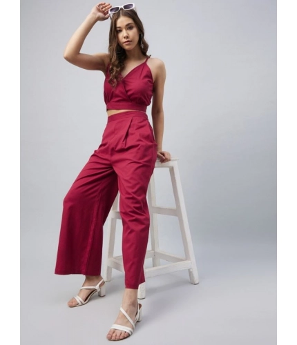 Generic Women's Cotton Linen Solid Sleeveless Crop Top and Palazzo Set (Maroon)