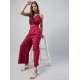 Generic Women's Cotton Linen Solid Sleeveless Crop Top and Palazzo Set (Maroon)