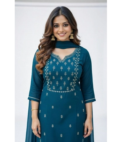 Generic Women's Georgette Ethnic Motif Round 3/4th Sleeve Kurti With Pant Dupatta Set (Teal)
