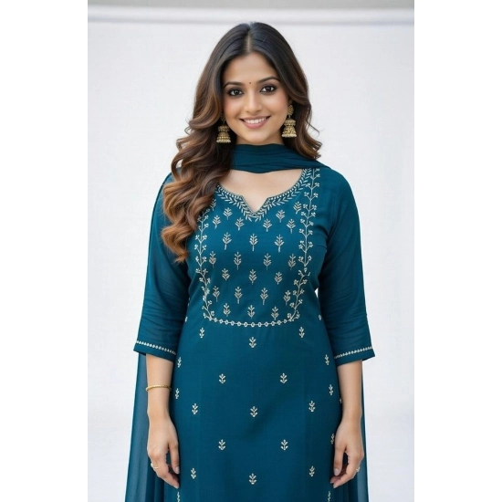 Generic Women's Georgette Ethnic Motif Round 3/4th Sleeve Kurti With Pant Dupatta Set (Teal) Generic Women's Georgette Ethnic Motif Round 3/4th Sleeve Kurti With Pant Dupatta Set (Teal)