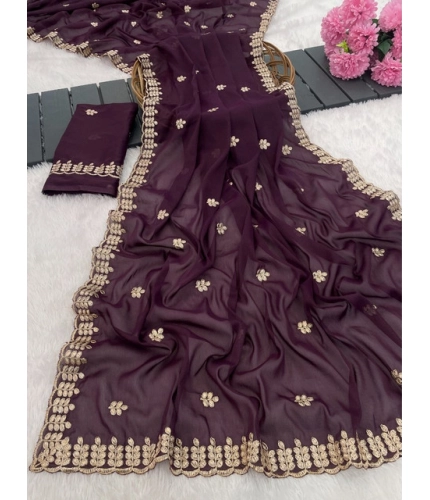 Generic Women's Georgette Embroidered Saree With Unstitched Blouse 5.5Mtr (Wine)