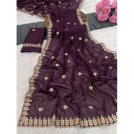 Generic Women's Georgette Embroidered Saree With Unstitched Blouse 5.5Mtr (Wine)