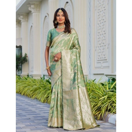 Generic Women's Jacquard Printed Saree With Unstitched Blouse 5.5Mtr (Pista Green)