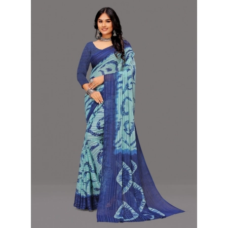 Generic Women's Georgette Striped Printed Saree With Unstitched Blouse 5.5Mtr (Blue)