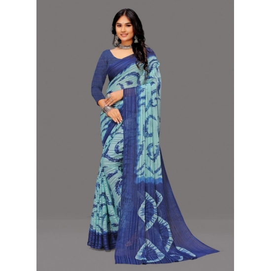 Generic Women's Georgette Striped Printed Saree With Unstitched Blouse 5.5Mtr (Blue)