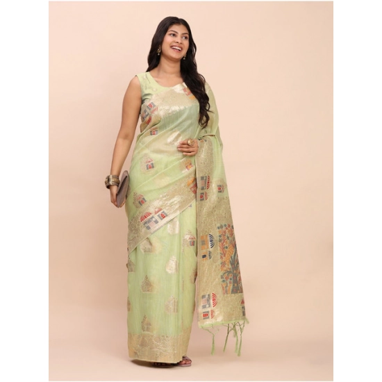 Generic Women's Linen Cotton Printed Saree With Unstitched Blouse 5.5Mtr (Light Green)