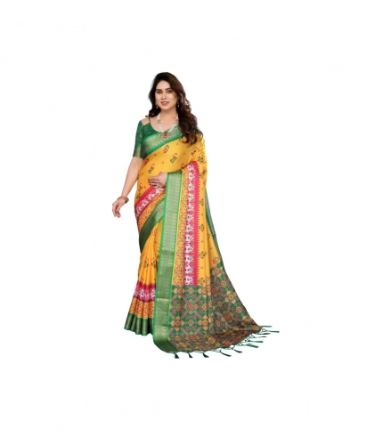 Generic Women's Cotton Silk  Printed Saree With Unstitched Blouse 5.5Mtr (Yellow)