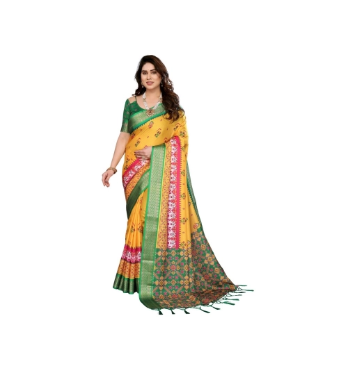 Generic Women's Cotton Silk  Printed Saree With Unstitched Blouse 5.5Mtr (Yellow)