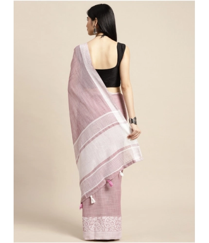 Generic Women's Linen Printed Saree With Unstitched Blouse 5.5Mtr (Purple)