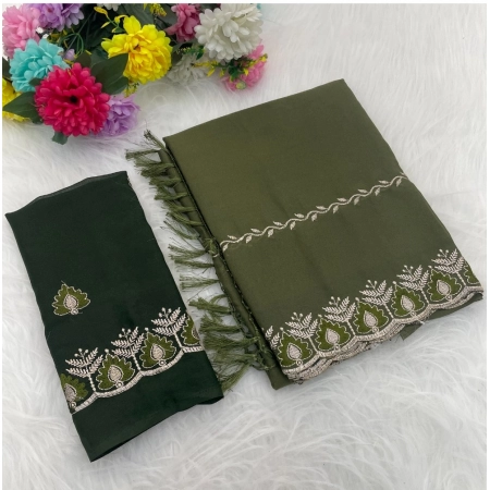 Generic Women's Georgette Embroidered Saree With Unstitched Blouse 5.5Mtr (Mehendi)