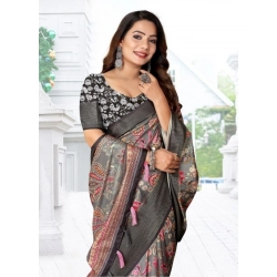 Generic Women's Cotton Silk Floral Printed Saree With Unstitched Blouse 5.5Mtr (Grey-Black)