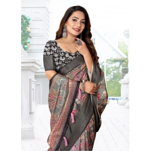 Generic Women's Cotton Silk Floral Printed Saree With Unstitched Blouse 5.5Mtr (Grey-Black)