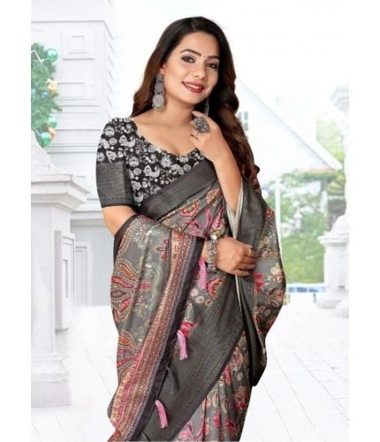 Generic Women's Cotton Silk Floral Printed Saree With Unstitched Blouse 5.5Mtr (Grey-Black)