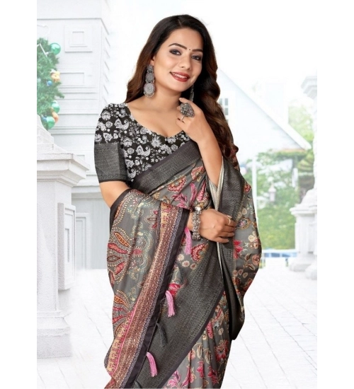 Generic Women's Cotton Silk Floral Printed Saree With Unstitched Blouse 5.5Mtr (Grey-Black)