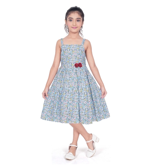 Girl's Cotton Printed Sleeve Less Squre Neck Dress (Multicolor)