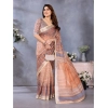 Generic Women's Linen Cotton  Printed Saree With Unstitched Blouse 5.5Mtr (Brown)