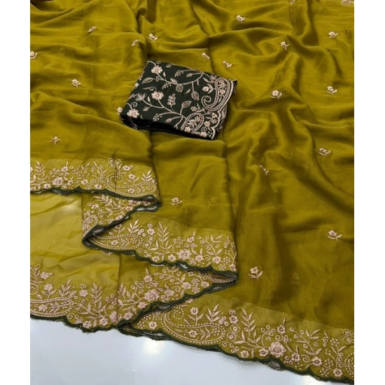 Generic Women's Star Georgette Embroidered Saree With Unstitched Blouse 5.5Mtr (Mustard Yellow)