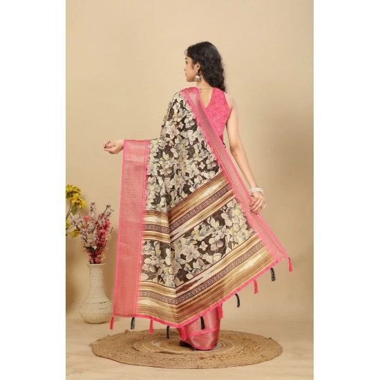 Generic Women's Cotton Silk Floral Printed Saree With Unstitched Blouse 5.5Mtr (Black)