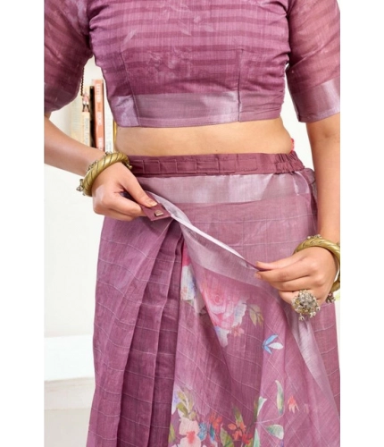 Generic Women's Faux Linen Floral Print Ready to wear Saree With Unstitched Blouse 5.5Mtr (Pink)