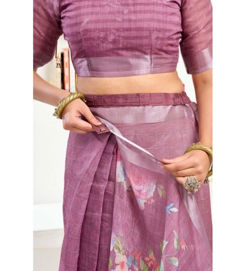 Generic Women's Faux Linen Floral Print Ready to wear Saree With Unstitched Blouse 5.5Mtr (Pink)