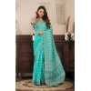 Generic Women's Faux Linen Leaf Print Ready to wear Saree With Unstitched Blouse 5.5Mtr (SeaGreen)