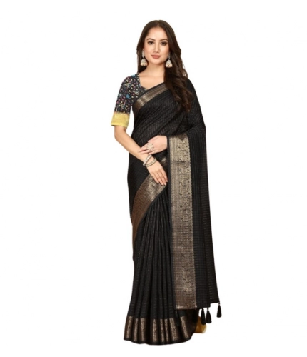 Generic Women's Cotton Blend Checkered Saree With Unstitched Blouse 5.5Mtr (Black)