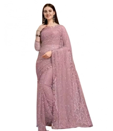 Generic Women's Net Self Design Saree With Unstitched Blouse 5.5Mtr (Light Brown)