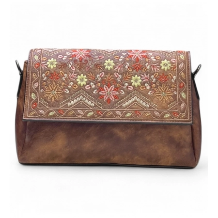Generic Women's Polyurethane Floral Embroidered Crossbody Sling Bag with Adjustable &amp; Removable Strap (Dark Brown)