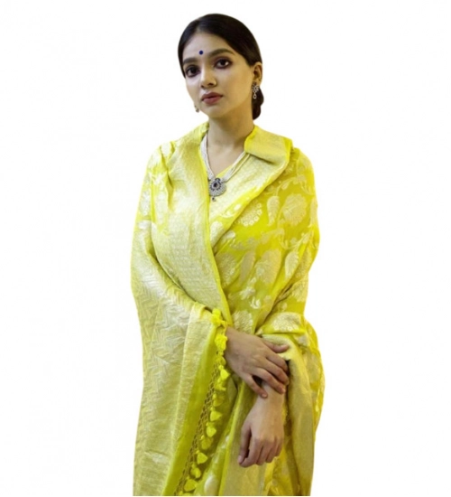 Generic Women's Soft Litchi Silk Jacquard Work Saree With Unstitched Blouse 5.5Mtr (Light Green)