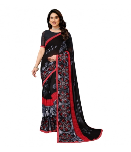 Generic Women's Georgette Printed Saree With Unstitched Blouse 5.5Mtr (Black)