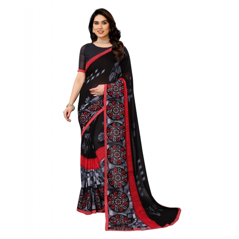 Women's Georgette Printed Saree With Unstitched Blouse 5.5Mtr (Black)