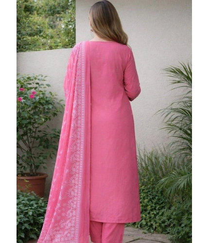 Generic Women's Chanderi Silk Ethnic Motif Round 3/4th Sleeve Kurti With Pant Dupatta Set (Pink)