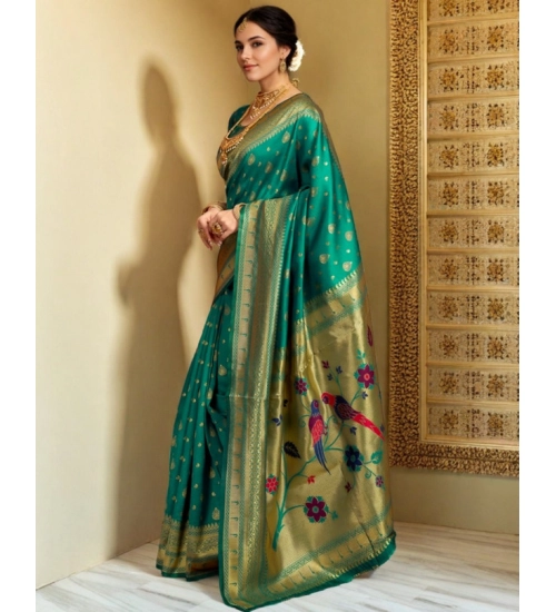 Generic Women's Silk Blend Zari Weaving Saree With Unstitched Blouse 5.5Mtr (Green)