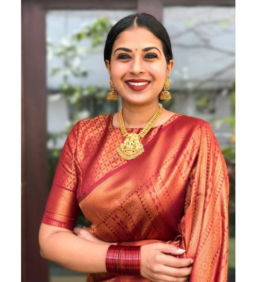 Generic Women's Litchi silk Printed Saree With Unstitched Blouse (Red)