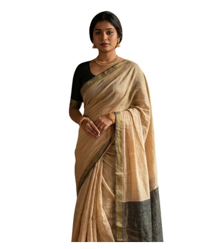Generic Women's Cotton Printed Saree With Unstitched Blouse 5.5Mtr (Beige)