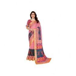 Generic Women's Linen Cotton  Printed Saree With Unstitched Blouse 5.5Mtr (Pink)