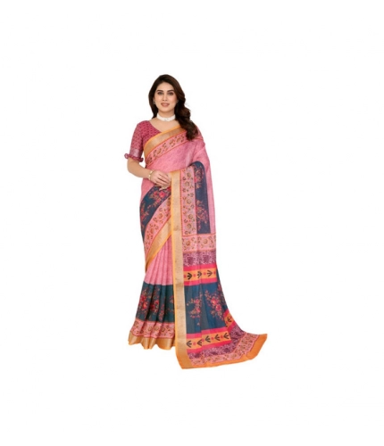 Generic Women's Linen Cotton  Printed Saree With Unstitched Blouse 5.5Mtr (Pink)