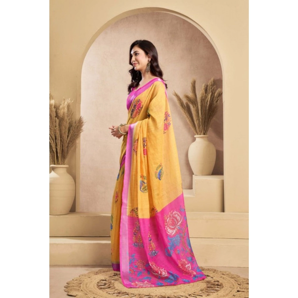 Generic Women's Faux_Linen Printed Ready-to-Wear Saree With Unstitched Blouse 5.5 Mtr (Yellow)