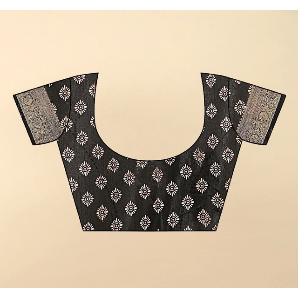 Generic Women's Cotton Silk Floral Printed Saree With Unstitched Blouse 5.5Mtr (Black)