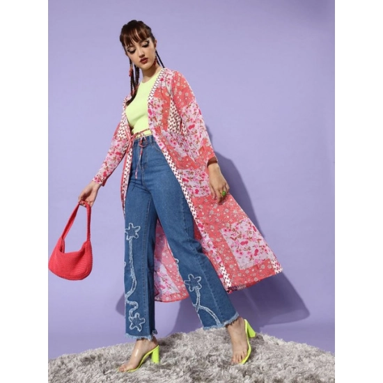 Generic Women's Polyester Floral Long Sleeves Shrug (Pink-Coral) Generic Women's Polyester Floral Long Sleeves Shrug (Pink-Coral)