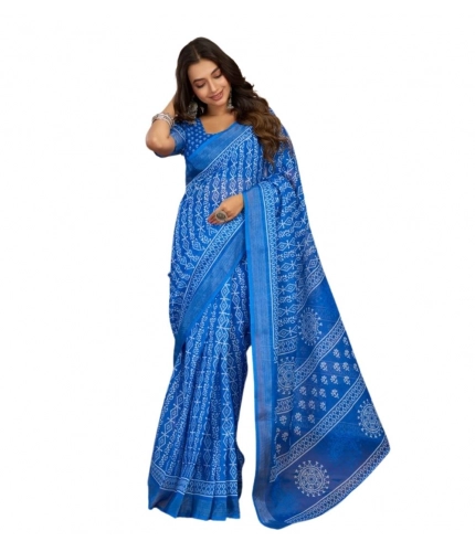 Generic Women's Faux Linen Geometric Print Ready to wear Saree With Unstitched Blouse 5.5Mtr (Blue)