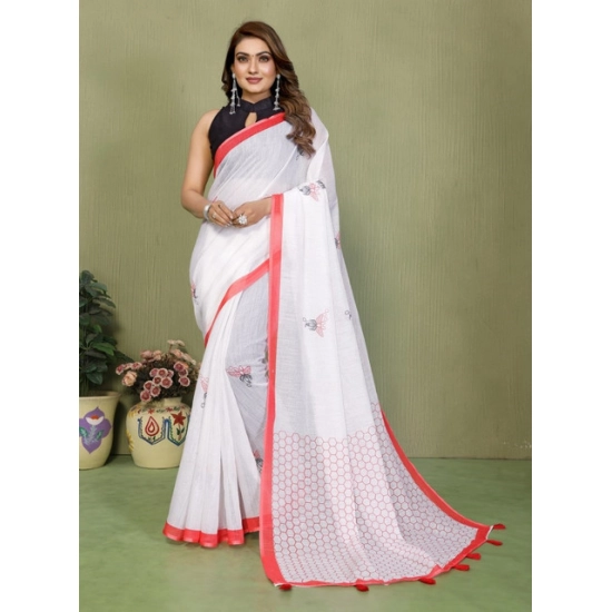 Generic Women's Linen Cotton Printed Saree With Unstitched Blouse 5.5Mtr (White) Generic Women's Linen Cotton Printed Saree With Unstitched Blouse 5.5Mtr (White)