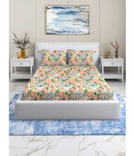 Generic Cotton Blend Floral Printed Double Bedsheet with 2 Pillow Covers (Yellow)