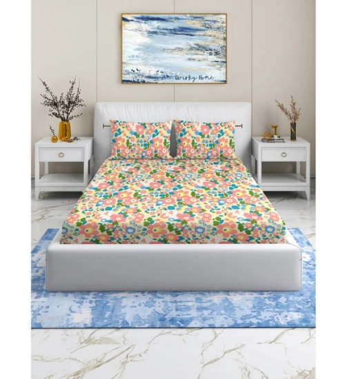 Generic Cotton Blend Floral Printed Double Bedsheet with 2 Pillow Covers (Yellow)