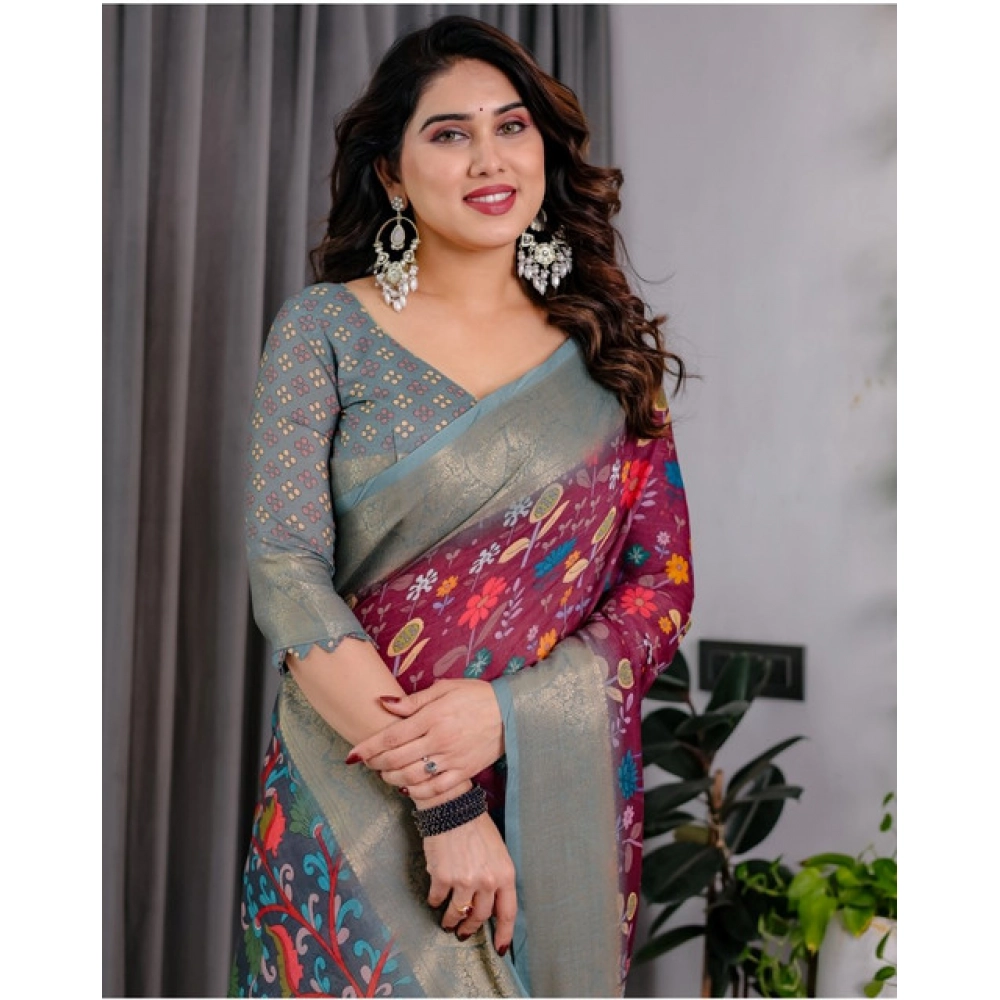 Generic Women's Linen Printed Saree With Unstitched Blouse 5.5Mtr (Purple) Generic Women's Linen Printed Saree With Unstitched Blouse 5.5Mtr (Purple)