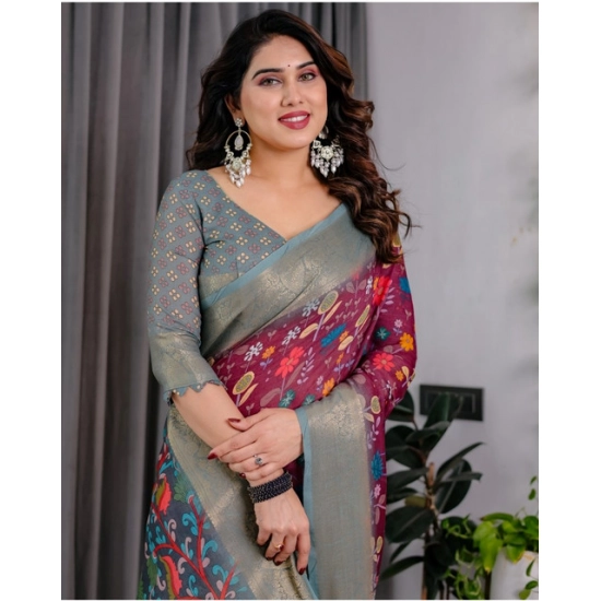 Generic Women's Linen  Printed Saree With Unstitched Blouse 5.5Mtr (Purple)